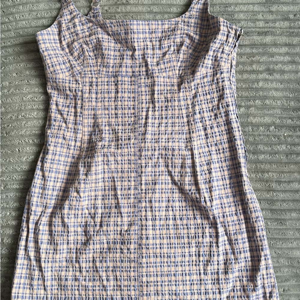 Blue and White Square Neck Smocked Tank Top
